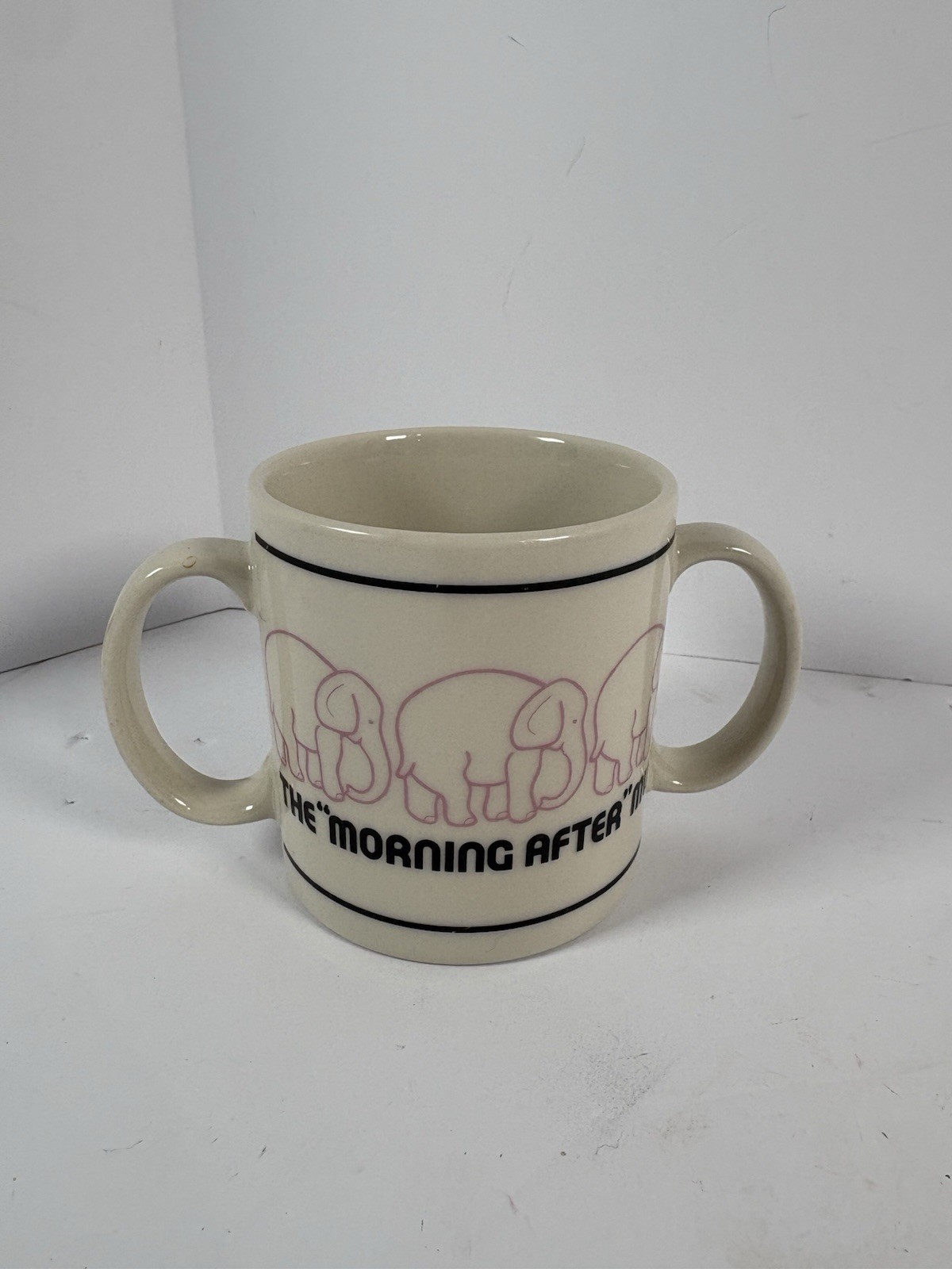 1Vintage 1982 DMA Designs Morning After Mug Pink Elephant Double Handle Japan