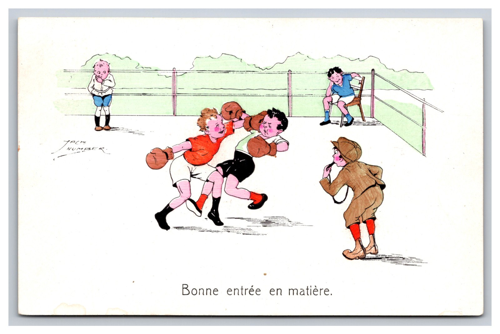 French Children Boxing Artist Signed Jack Number Postcard