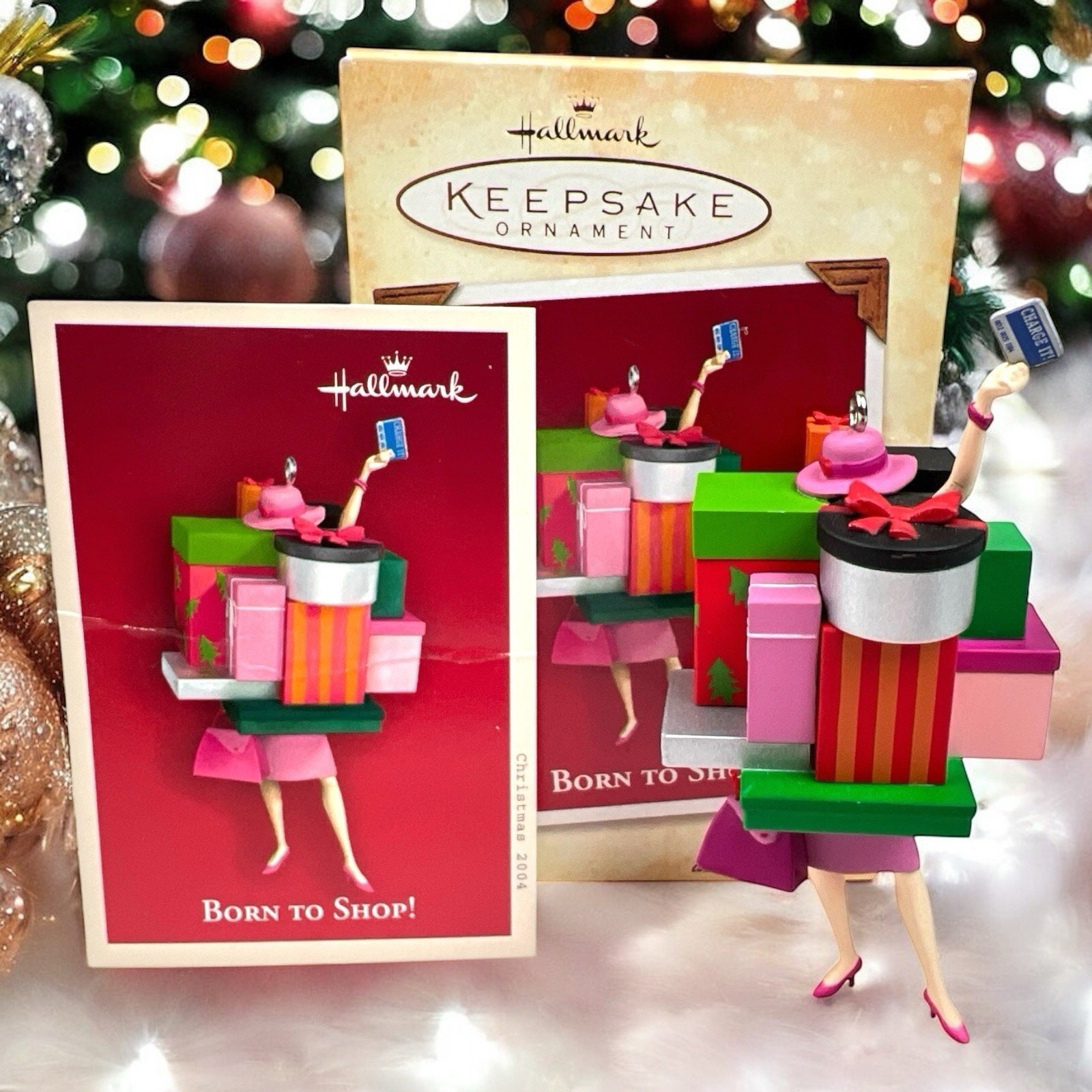 Vintage Y2K Hallmark “Born to Shop” Keepsake Ornament Woman w/ Gifts Retired