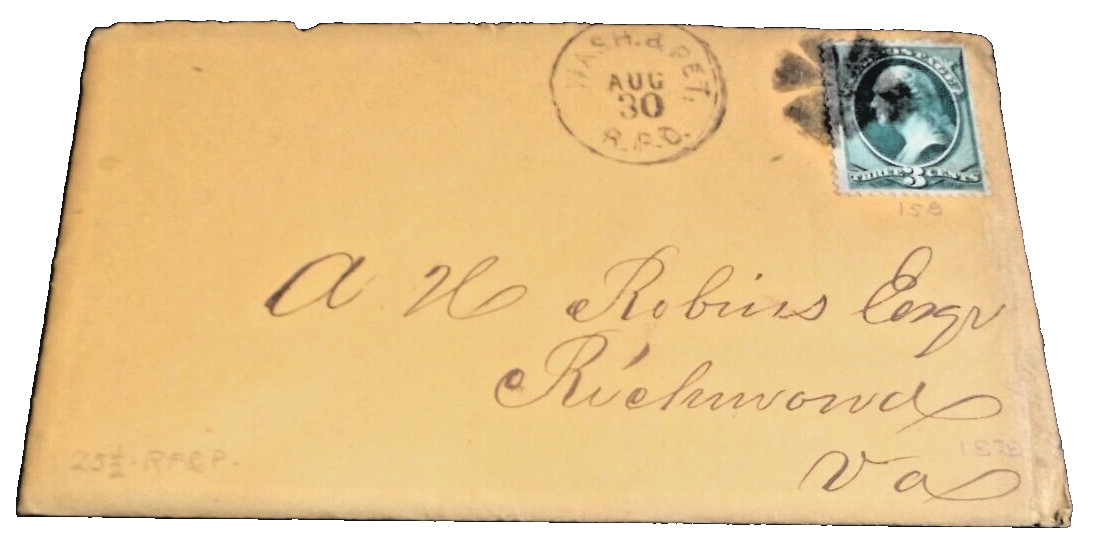 1878 RF&P RICHMOND FREDERICKSBURG & POTOMAC WASHINGTON & PETERSBURG RPO ENVELOPE