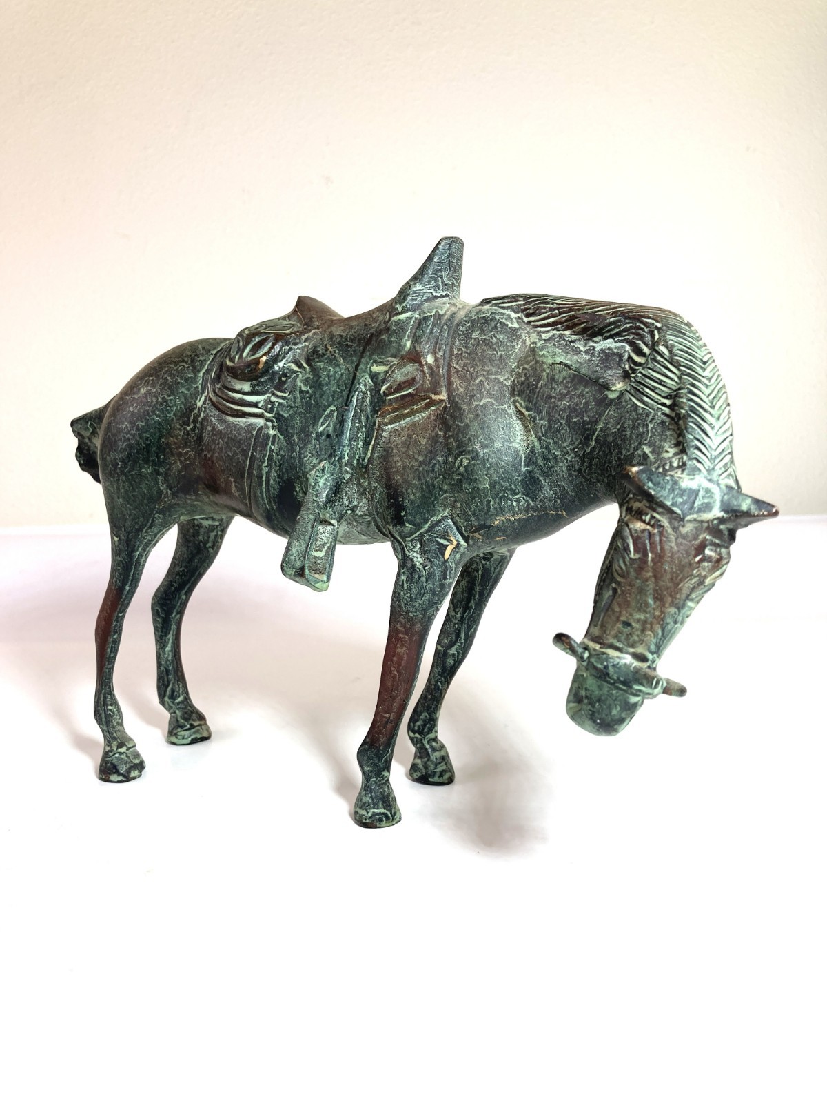 VTG Heavy Hollow-Cast Bronze Tang Dynasty Style War Horse Verdigris Patina 5 lbs