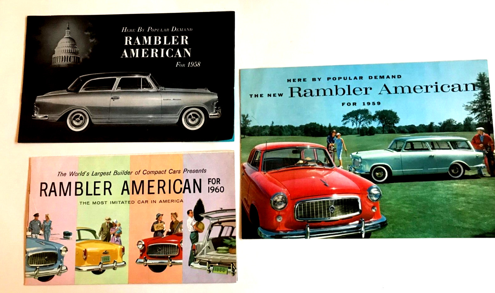 1958, 1959, 1960 RAMBLER AMERICAN: THREE CAR BROCHURES WITH ONE FOLD-OUT