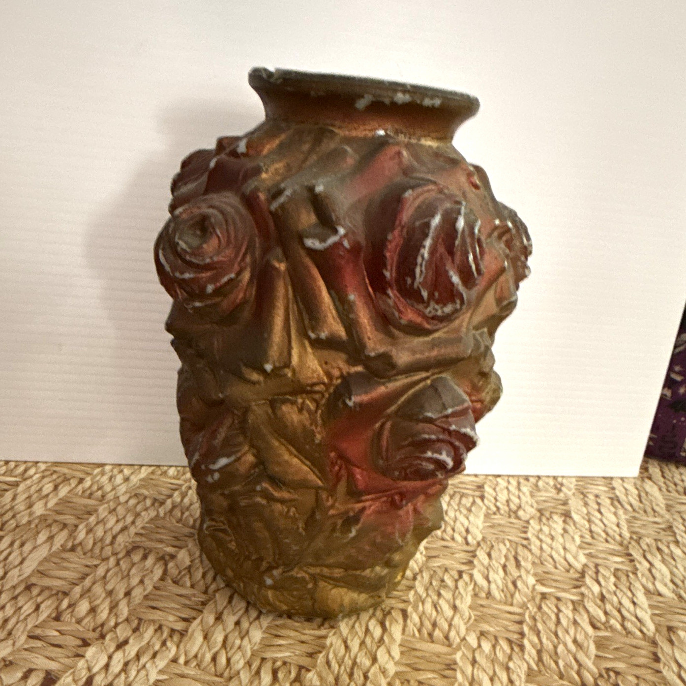 Antique Goofus Glass Vase Brown/Red /Gold Raised Relief 3D Roses Antique Goofus Glass Vase Brown/Red /Gold Raised Relief 3D Roses