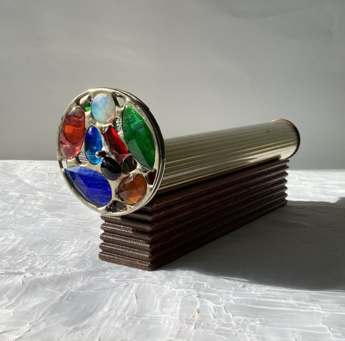 Vintage 1989 Chesnik Koch Kaleidoscope Brass 2 Wheels Treasure Trove Toy w/ Base