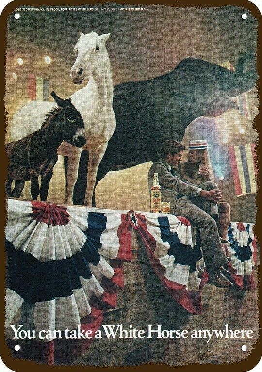 1972 WHITE HORSE Whisky Elephant & Donkey Vnt-Look DECORATIVE REPLICA METAL SIGN