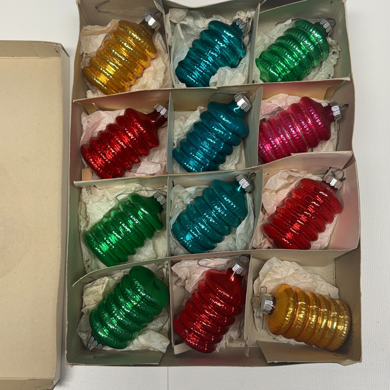 Vintage Set 12 Glass Lantern Beehive Christmas Ornaments Ribbed MCM Vintage Set 12 Glass Lantern Beehive Christmas Ornaments Ribbed MCM