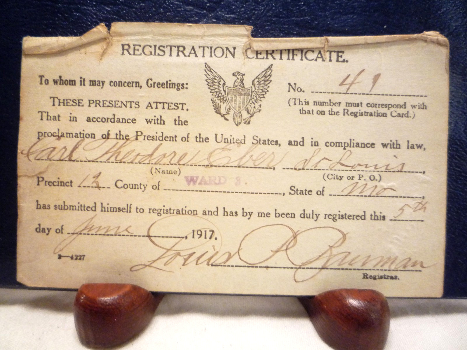 WW1 WWI 1917 US Army Military Registration Card, Carl Theodore Eber, St Louis MO