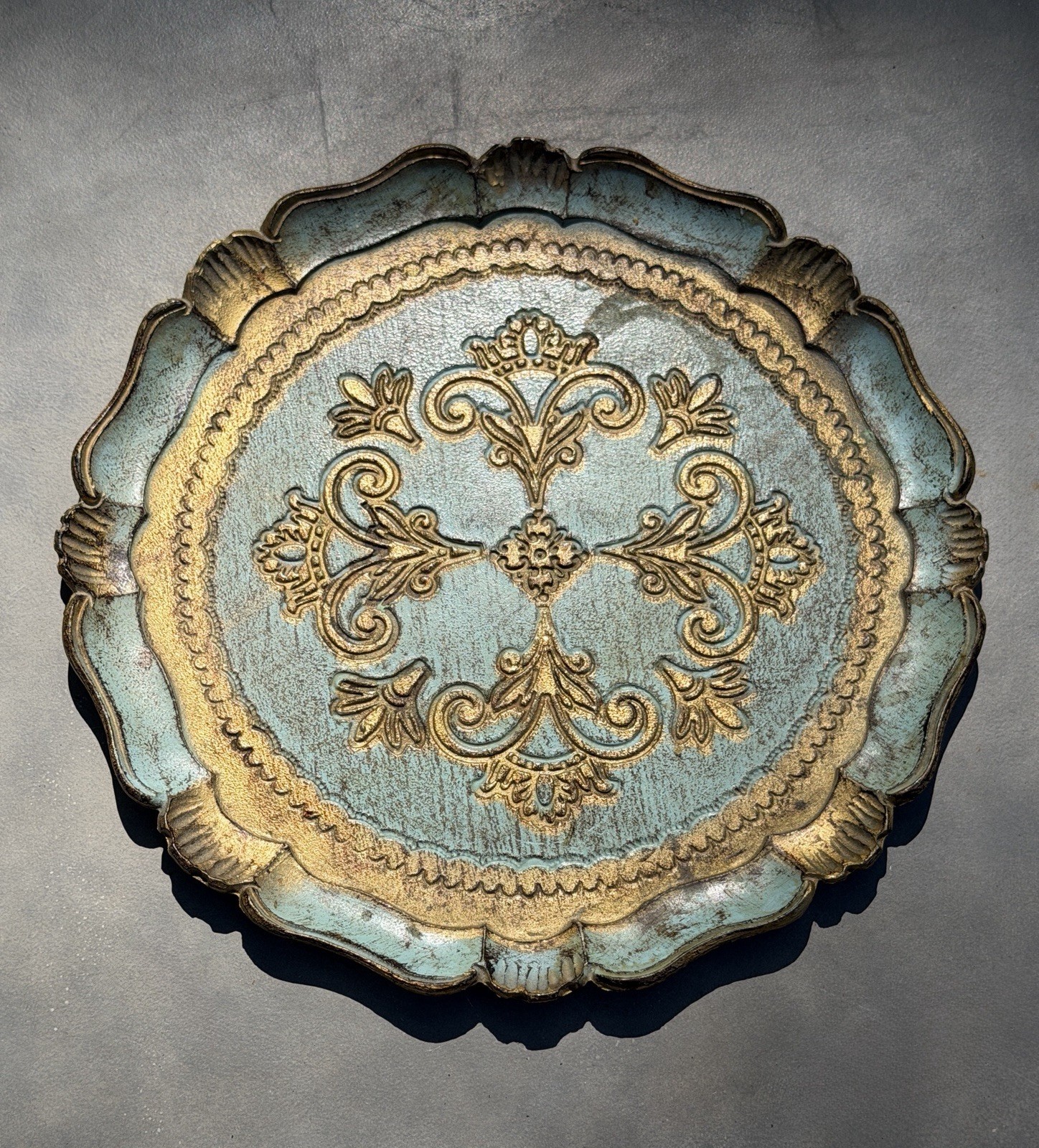 Vintage Italian Florentine Scallop Tray Turquoise Gold Italy Round 11.75