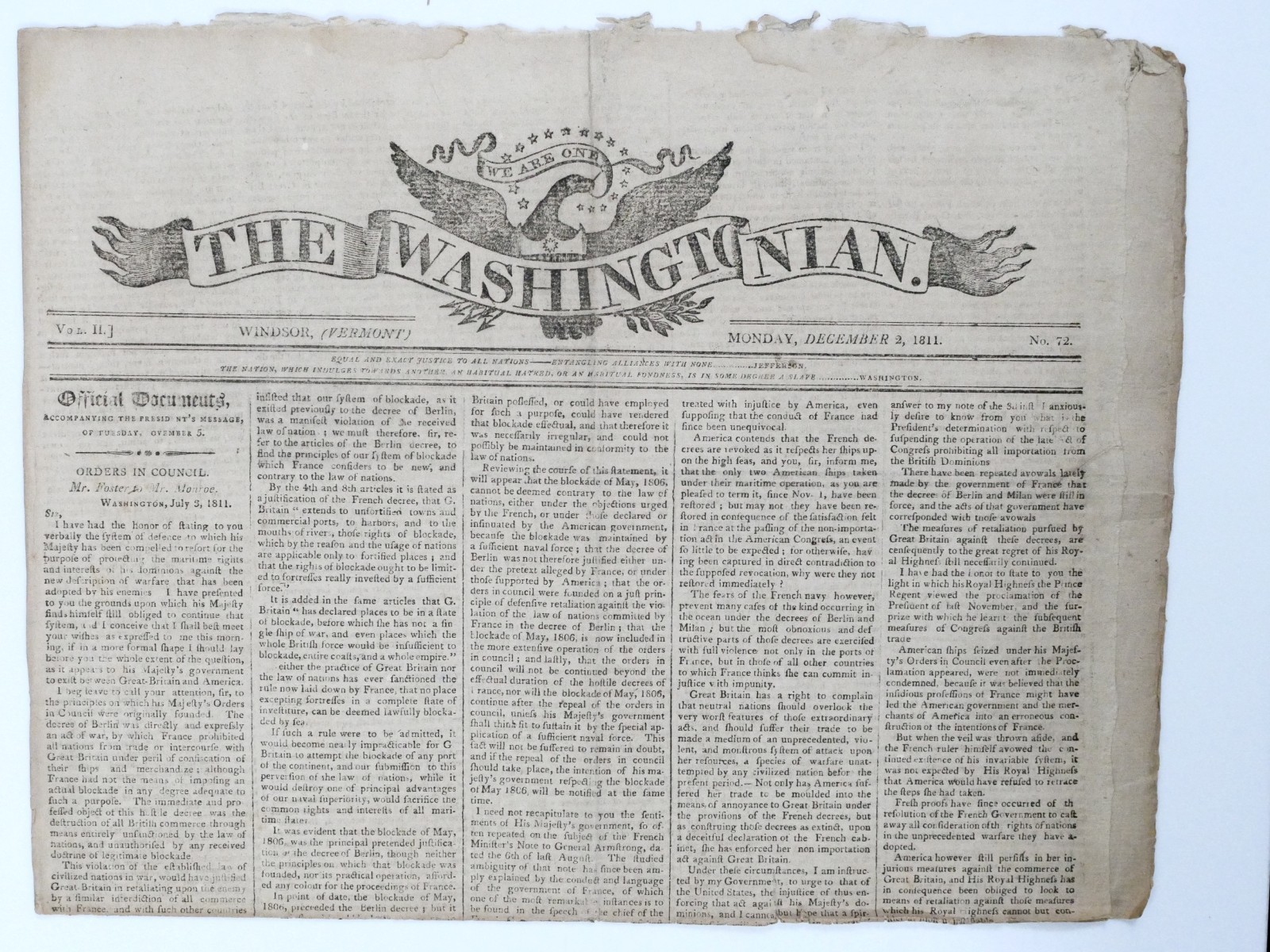 1811 Newspaper James Monroe War of 1812 British Blockade Orders Council Vermont