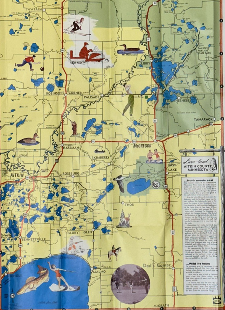 1960s AITKIN Minnesota PICTORIAL MAP Tourism BROCHURE Vintage