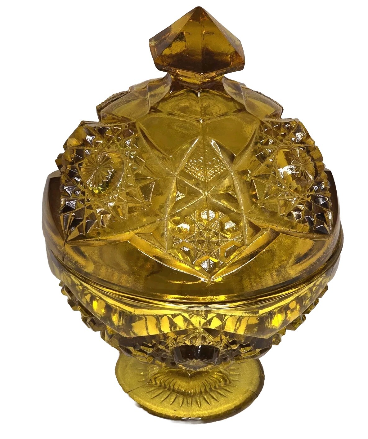 Vtg Amber Glass Covered Candy Compote Dish Early American Pressed Pattern 7.5” T