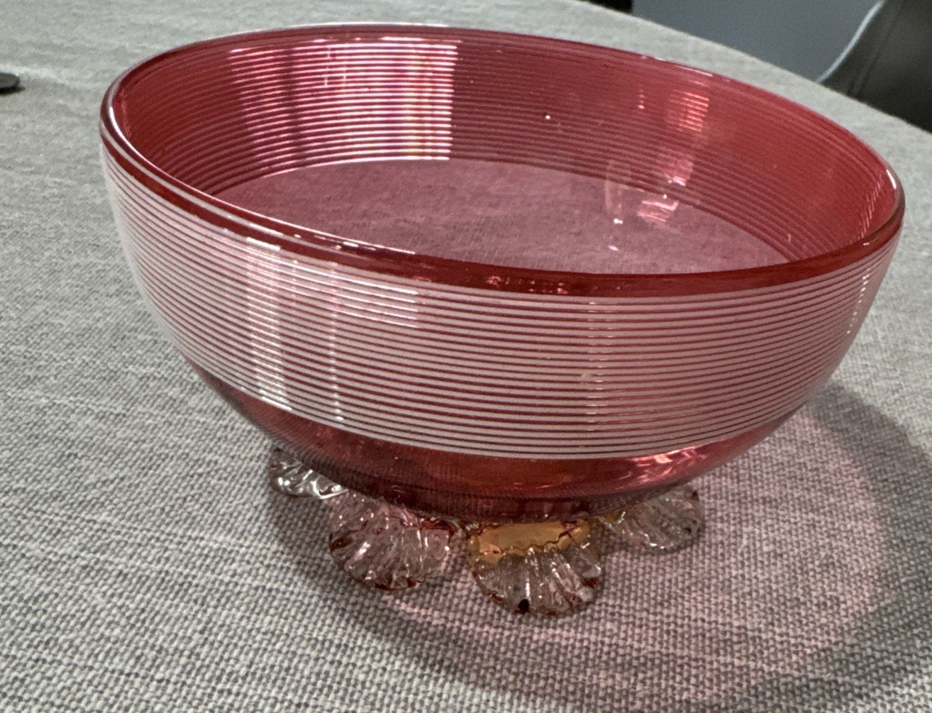 19th c.Cranberry Threaded Glass w/ Pedestal base Open Salt 19th c.Cranberry Threaded Glass w/ Pedestal base Open Salt