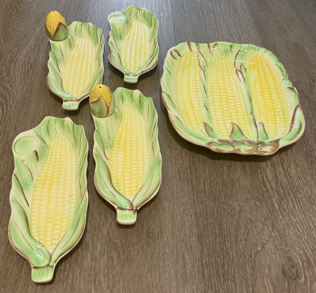 Vtg Ceramic Corn On The Cob Set Butter Dish, Platter, & Salt Shakers Country BBQ