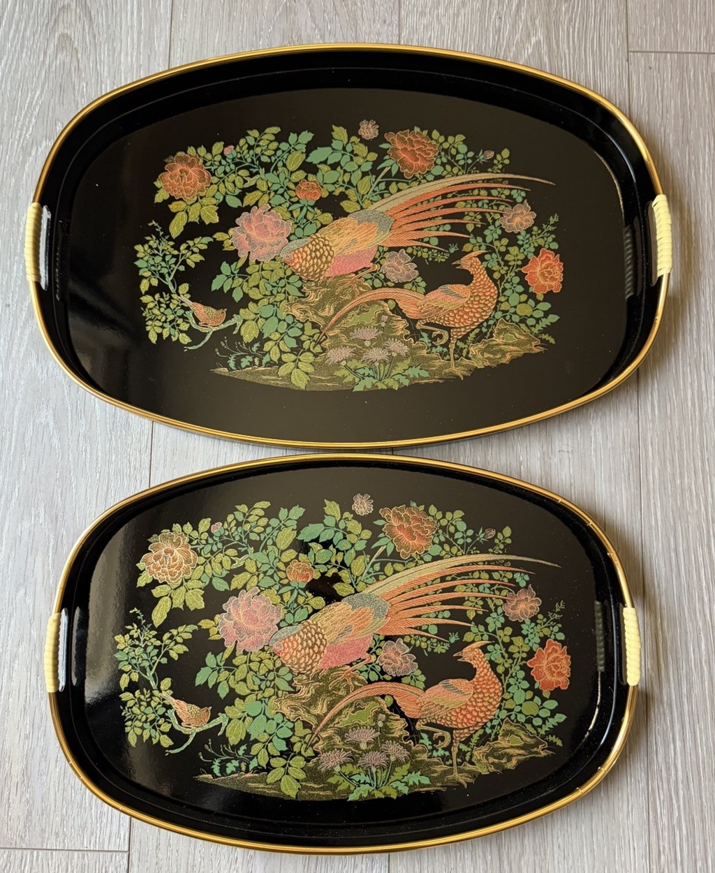Set of Vintage Japanese black lacquer serving trays, Made In Japan Set of Vintage Japanese black lacquer serving trays, Made In Japan