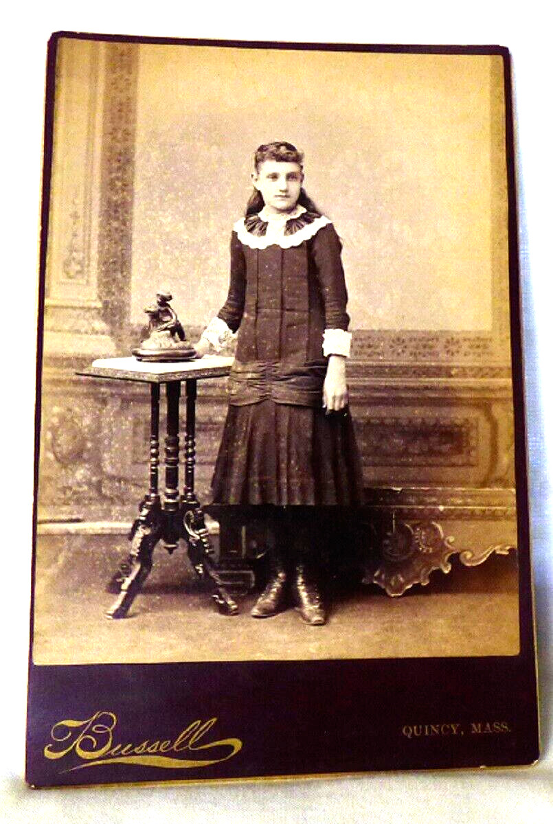 RARE 1878-90 Cabinet Card Girl Statue Table Drop Waist Fashion Bussell Quincy MA
