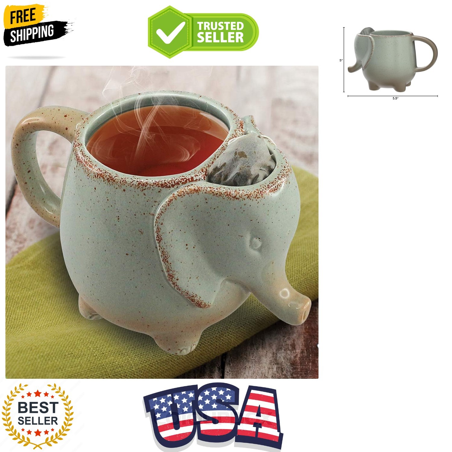 Ceramic 15oz Elephant Tea Mug Green