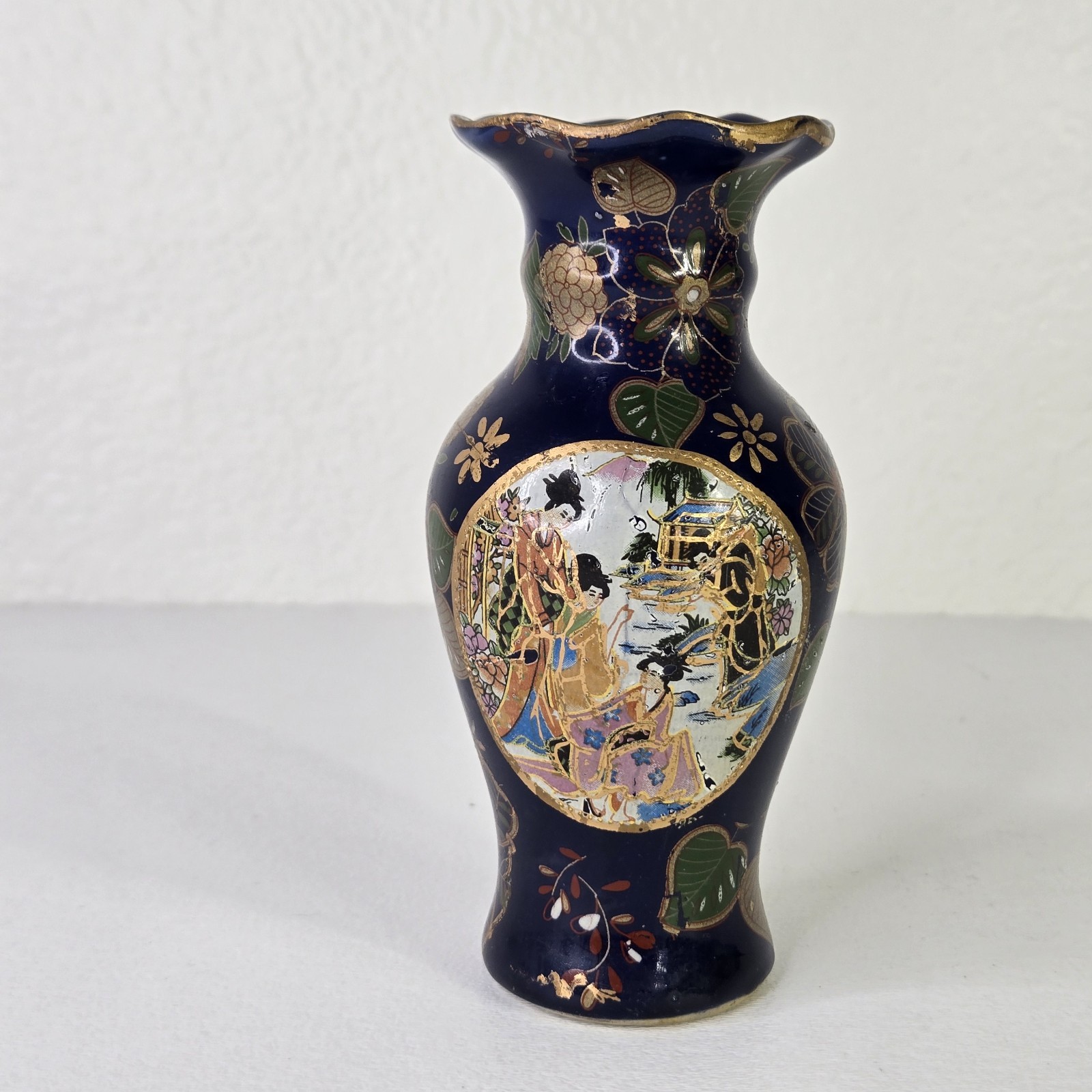 VTG Japanese Satsuma Style Vase Cobalt Blue Gold Hand Painted Geisha Moriage 