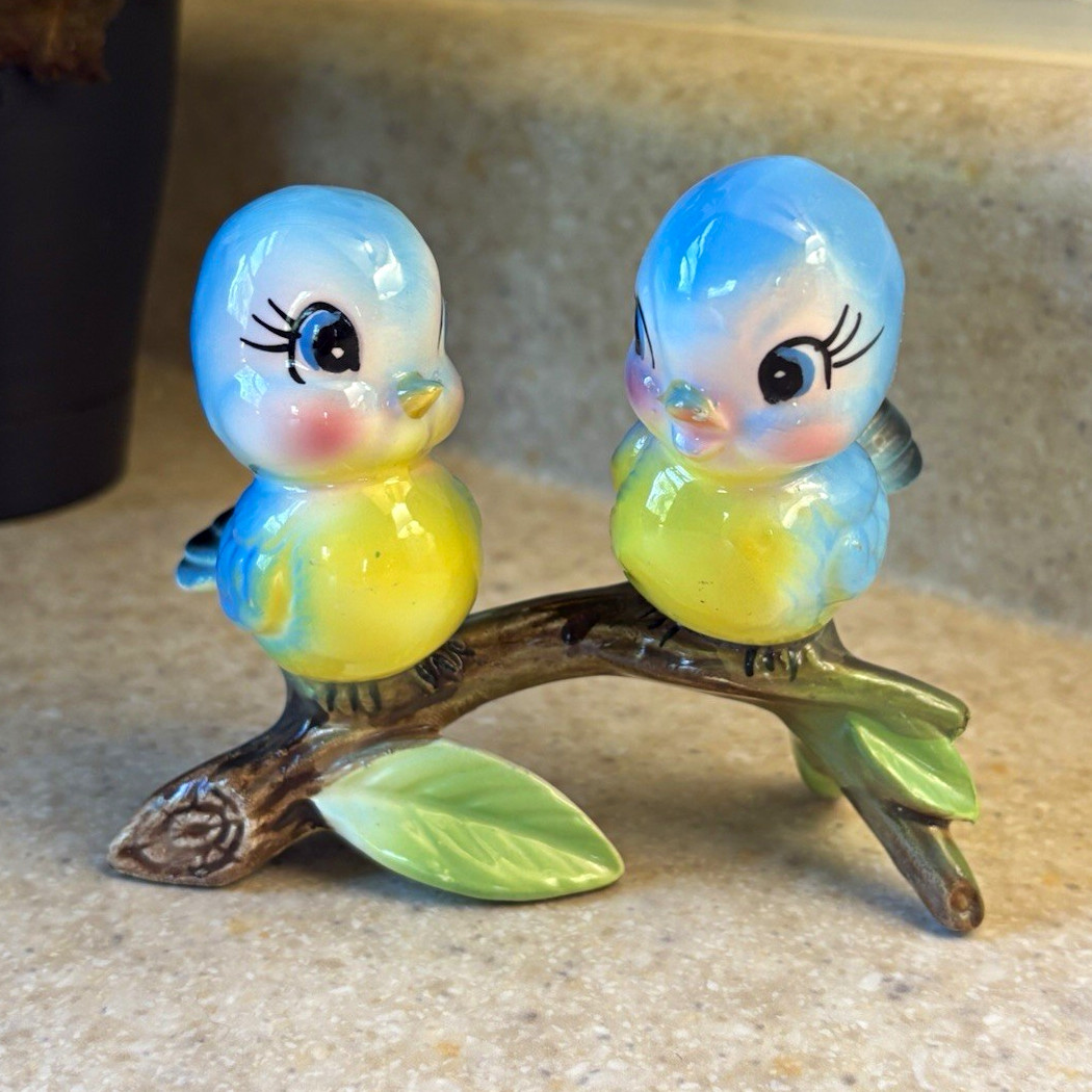 Vintage Norcrest Bluebirds - Lefton Ceramic Blue Birds on Branch Anthropomorphic
