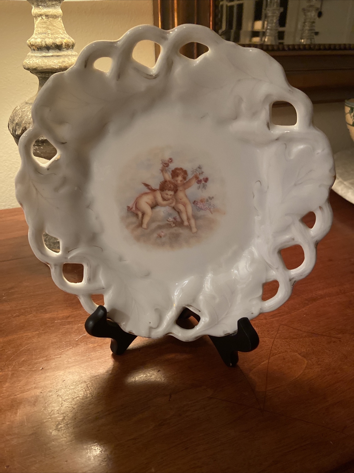 Charming Vintage Porcelain Plate Cherubs Cupids Angels, Reticulated, Oak Leaves Charming Vintage Porcelain Plate Cherubs Cupids Angels, Reticulated, Oak Leaves