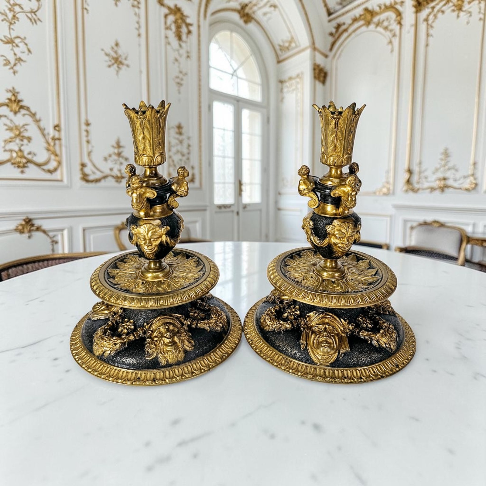 Antq Renaissance Revival Gilt Metal Lion Mask Candlesticks Pair Grotesques c1880
