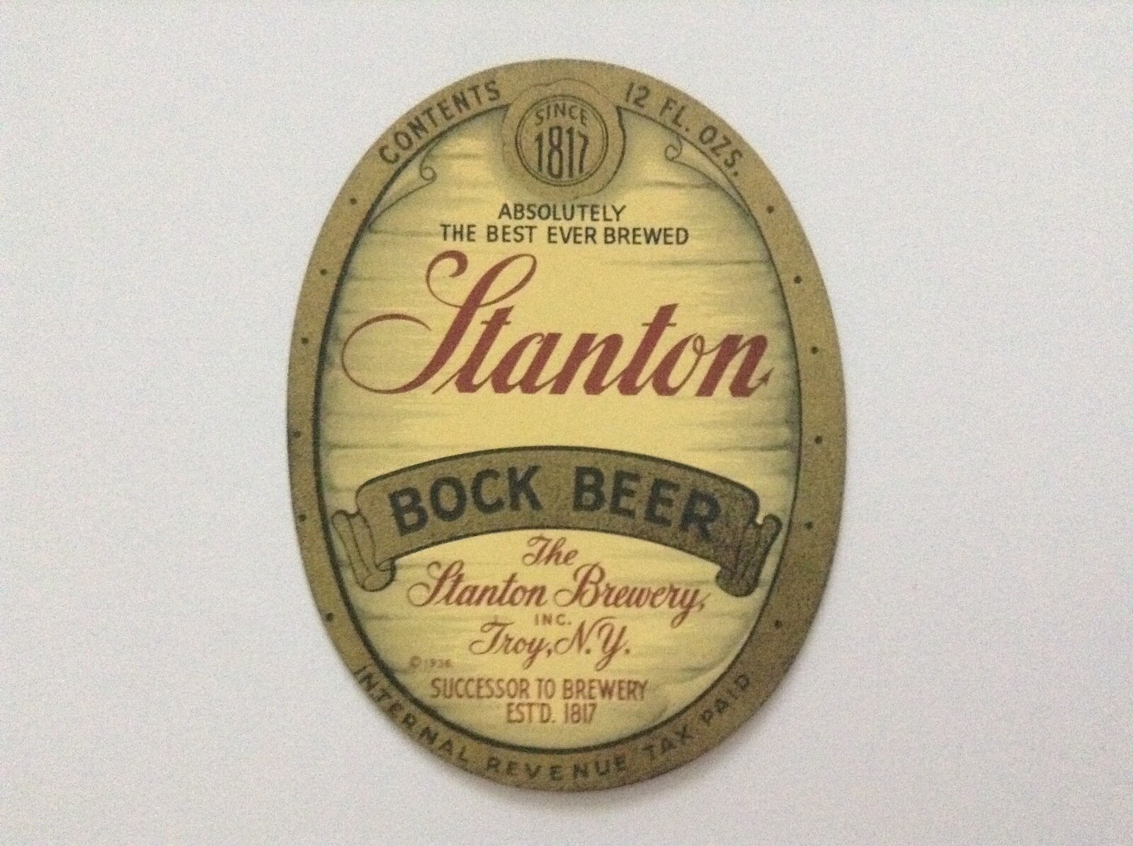 1930s STANTON BOCK BEER UNUSED IRPT LABEL 12oz TROY NY INTERNAL REVENUE TAX PAID