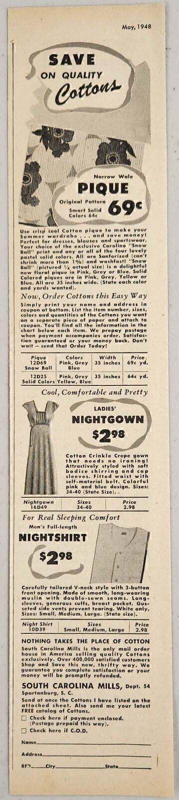 1948 Print Ad South Carolina Mills Cotton Nightgown,Nightshirt Spartanburg,S.C.