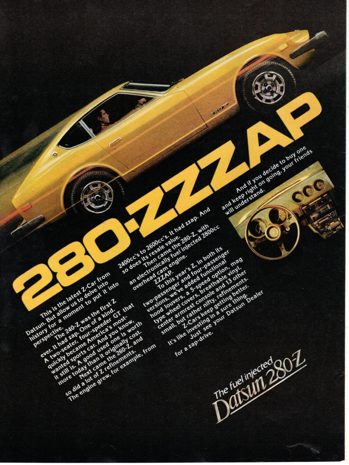 Vintage Datsun 280-Z ZZZAP Magazine Ad Yellow Fuel Injected Nissan Z Car