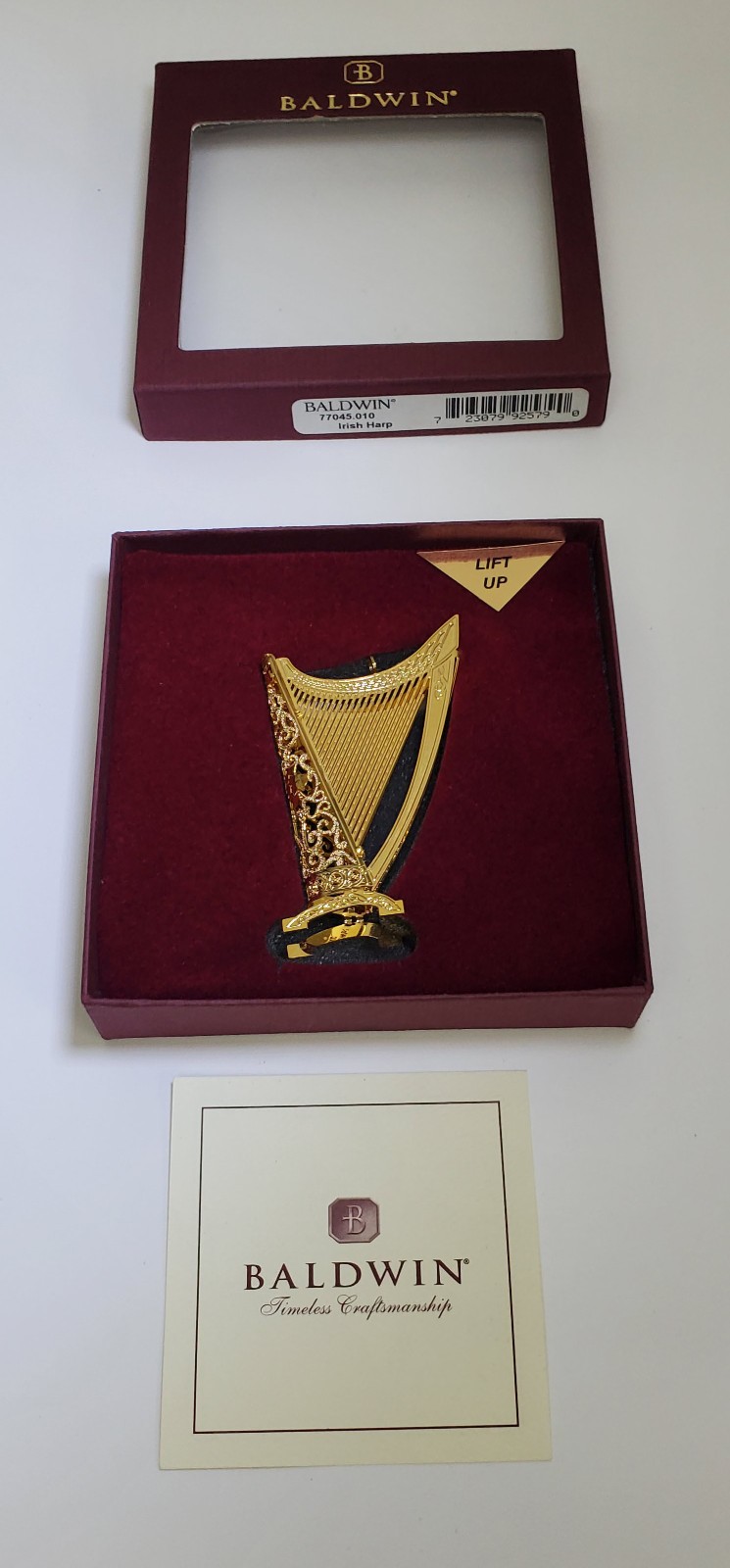 Baldwin Brass Irish Harp Christmas Symphony Ornament 3D 24KT Plated Boxed 2002