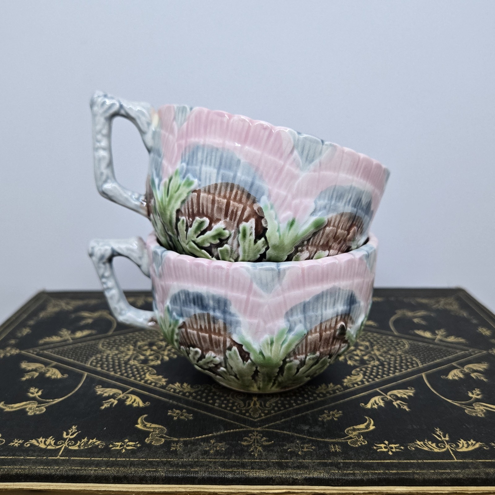 HTF Pair of French Barbotine (Majolica) Shell & Seaweed Etruchan Tea Cups- 1885