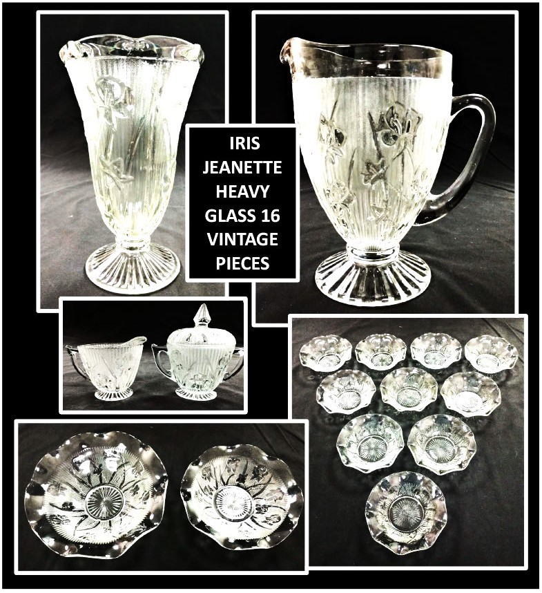 Gorgeous Vintage Iris Pattern 16 Piece Jeanette Heavy Glassware - NM-MT
