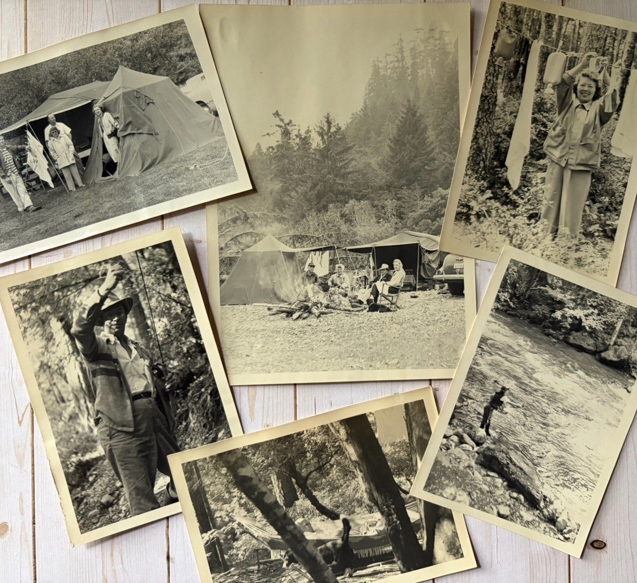 Vintage Snapshot Photo Lot Family Camping 1950s Fishing Tents Campfire