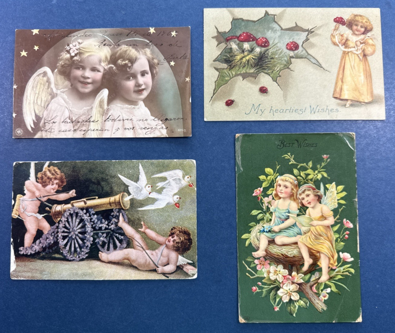 4 Children Greetings Antique Postcards. Young Girls, Angels.Drawn & Photo Style