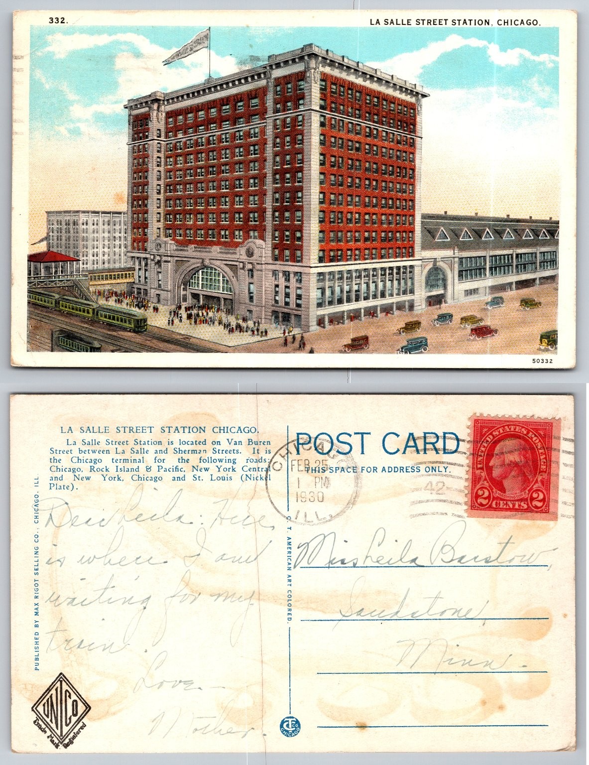 Vintage La Salle Street Station Chicago Postcard 1930 Illinois Train Depot