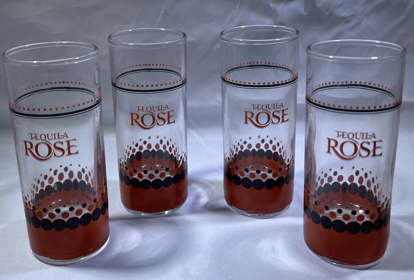 Set 4 Tequila Rose Tall Shooter Shot Glasses Black & Red Circle Polka-Dot Design