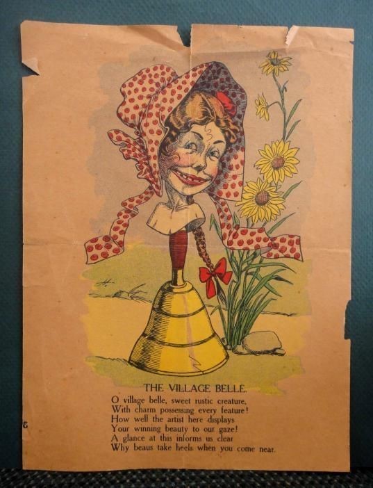 antique OLD VALENTINE POEM VILLAGE BELLE bonnet daisy handbell ugly homely mean