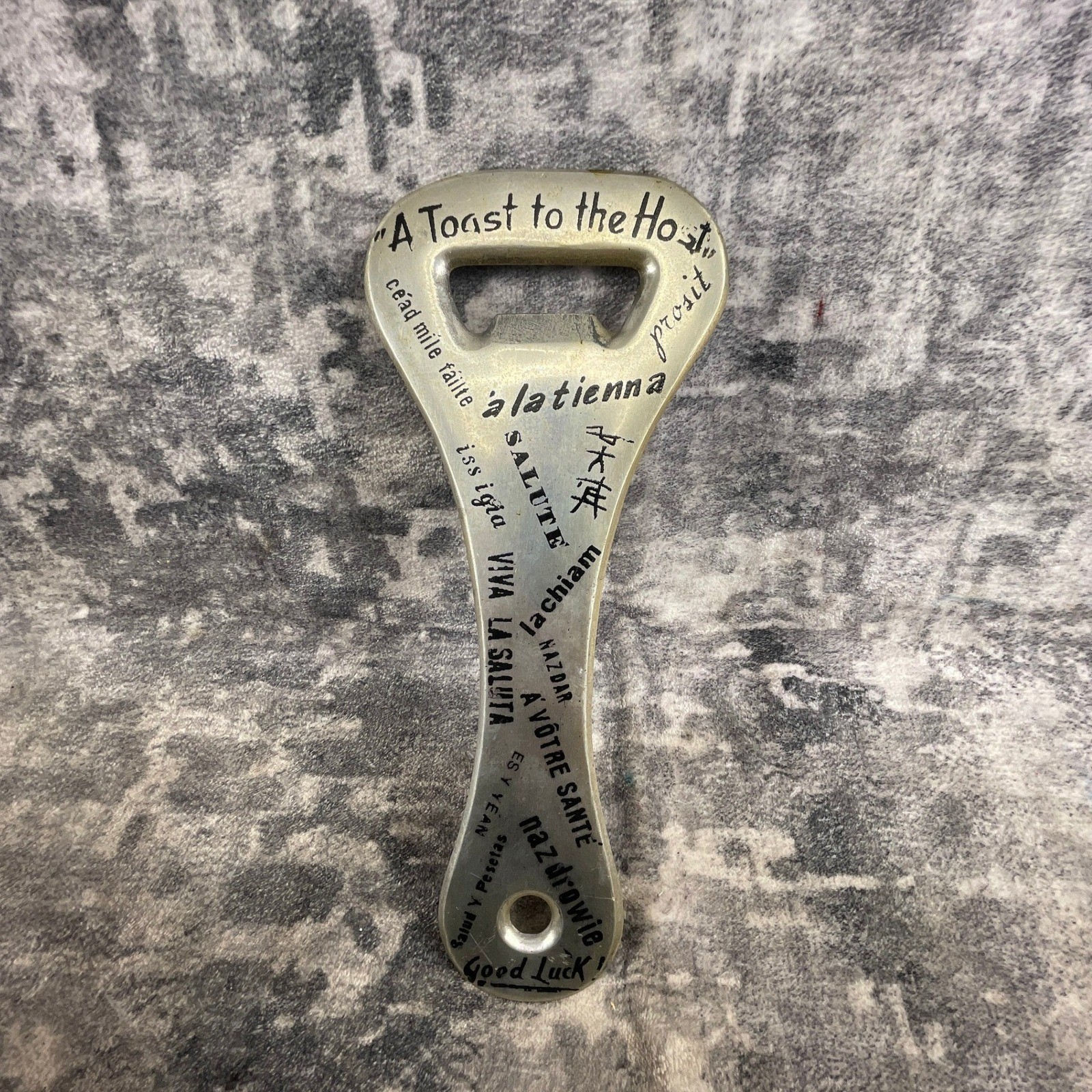 Vtg Italian Aluminum Jumbo Bottle Opener Multilingual Toast Barware Man Cave