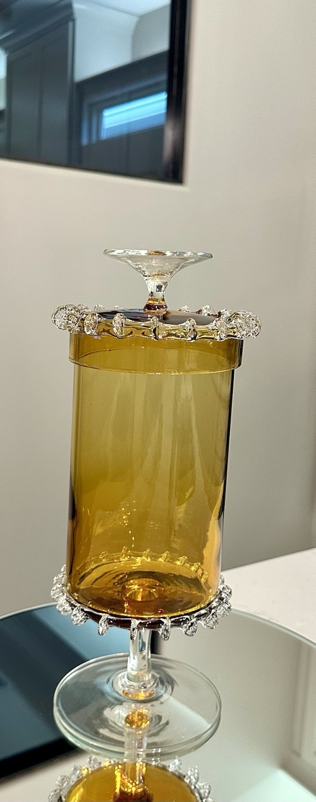 VTG-MCM Empoli Hand Blown Amber W/Riagree Glass Applied Trim Apothecary Jar