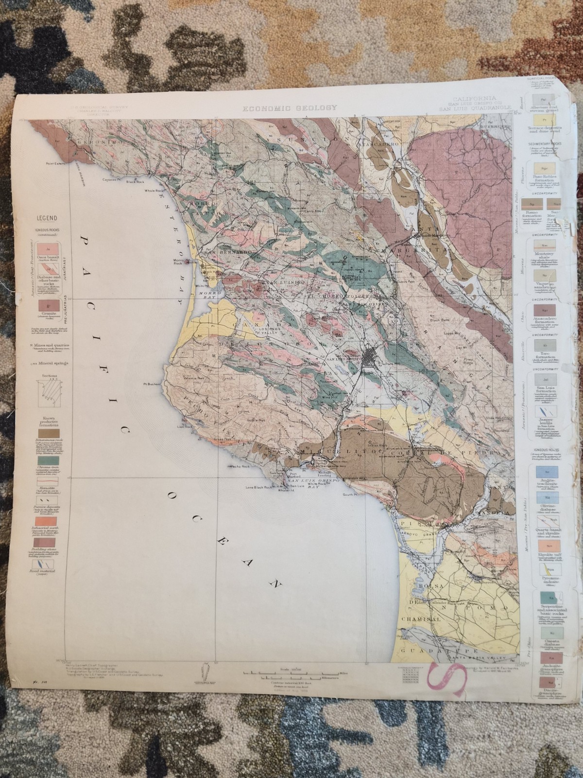 Antique 1903 USGS San Luis Quadrangle Economic Geology Map California Cloth Back