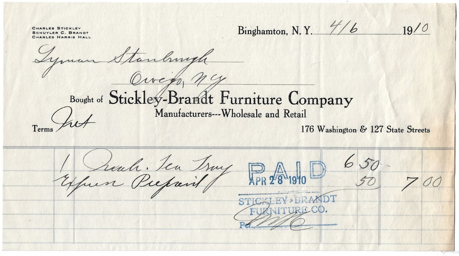 Charles Stickley Brandt Furniture Co Tea Tray Vintage Billhead Binghamton NY