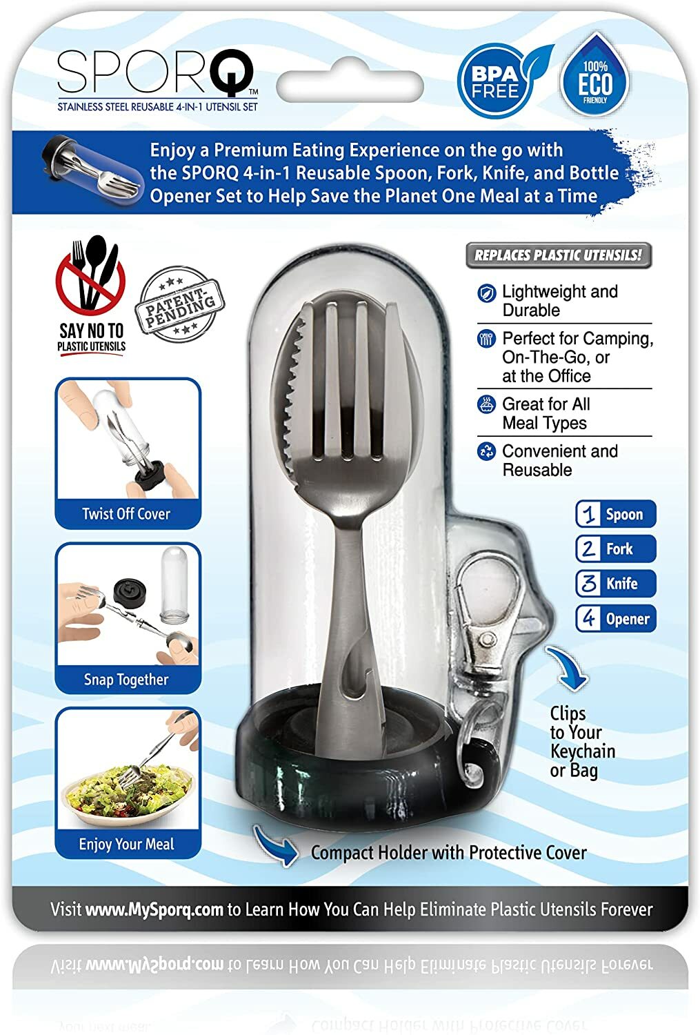SPORQ Stainless Steel Portable Reusable Travel Utensils, Spoon Fork and Knife