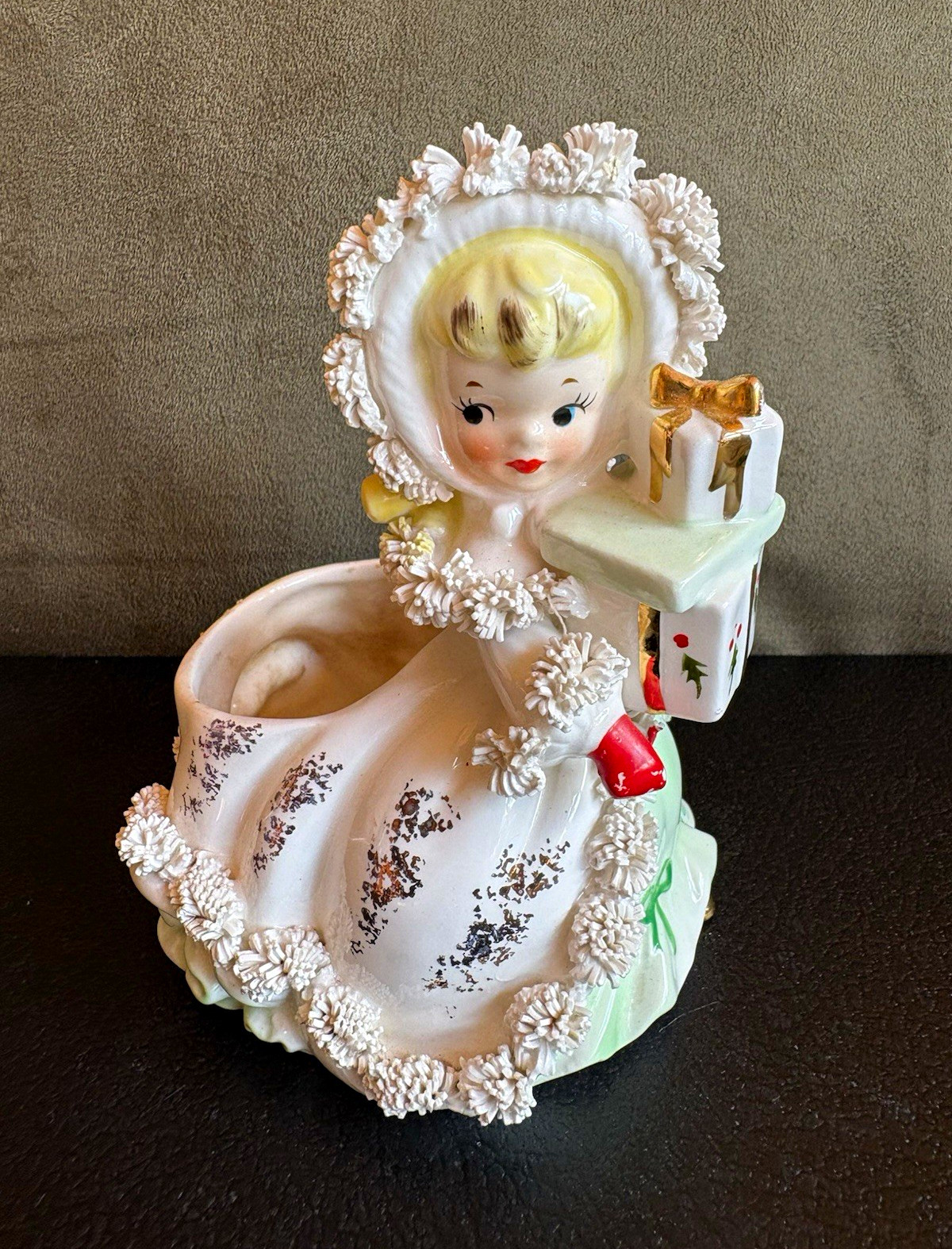 Vintage 1950s Ceramic Christmas Girl Figurine Planter, Hand Painted Glossy