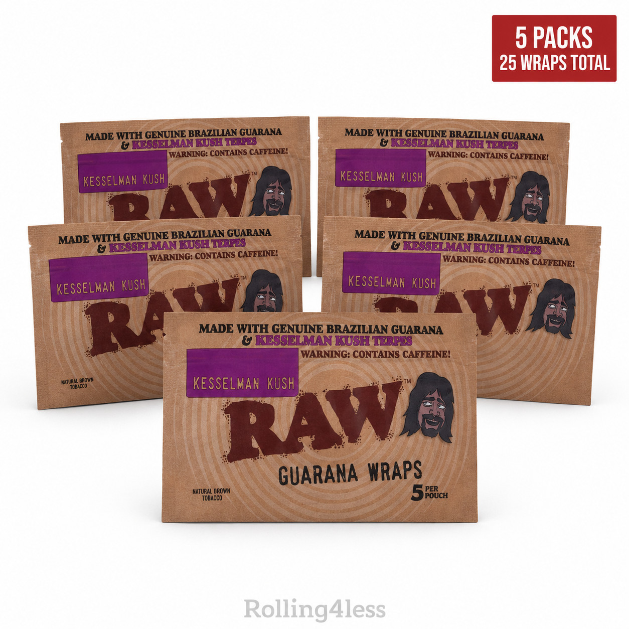 RAW Guarana Wraps Kesselman Kush Caffeinated Rolling Papers 5 Packs 25 Wraps