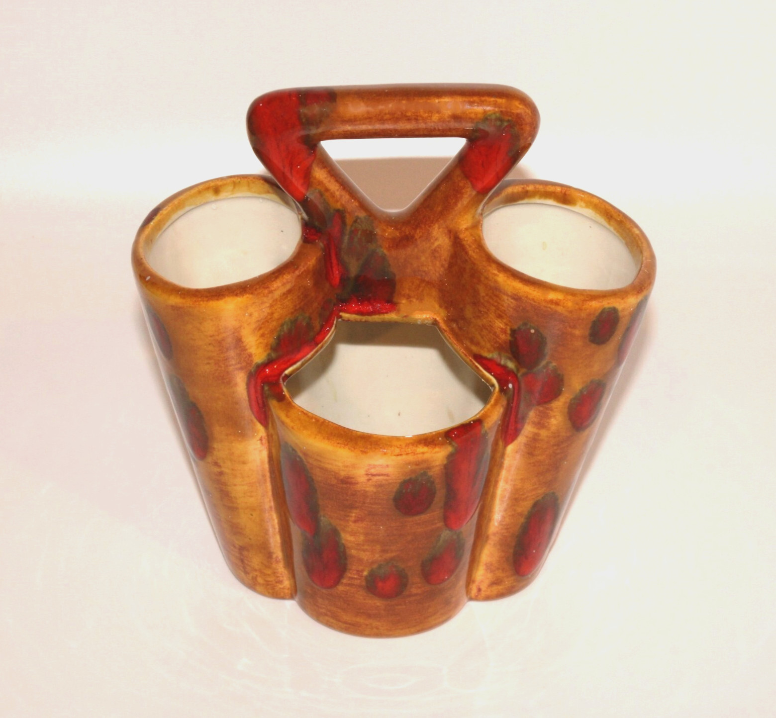 VTG MCM Cluster Planter Vase Pottery Spotted Drip Glaze Handle Brown Red 8 VTG MCM Cluster Planter Vase Pottery Spotted Drip Glaze Handle Brown Red 8