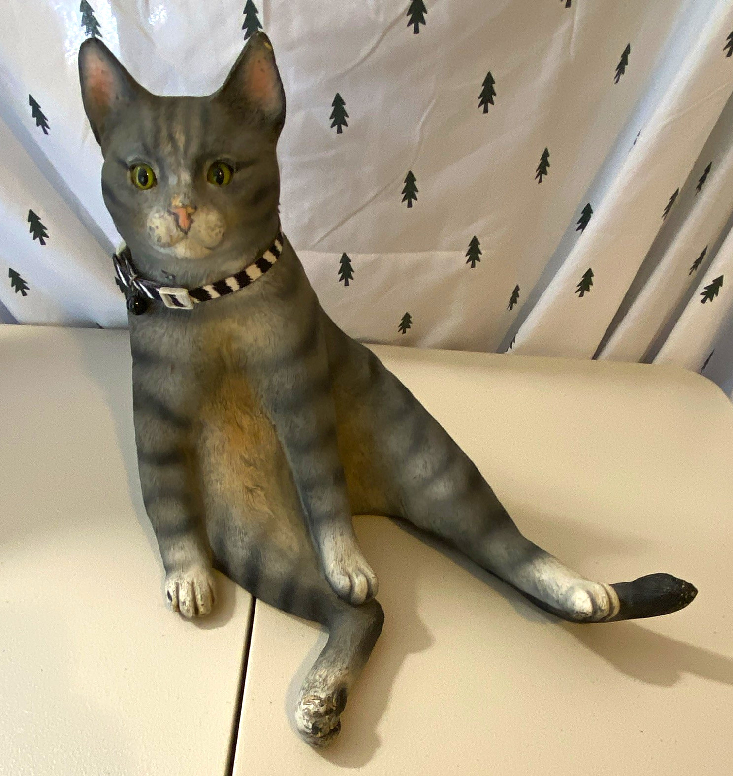 Large Gray Tabby Sitting Cat Figurine with Black & White Collar, Wood Decor