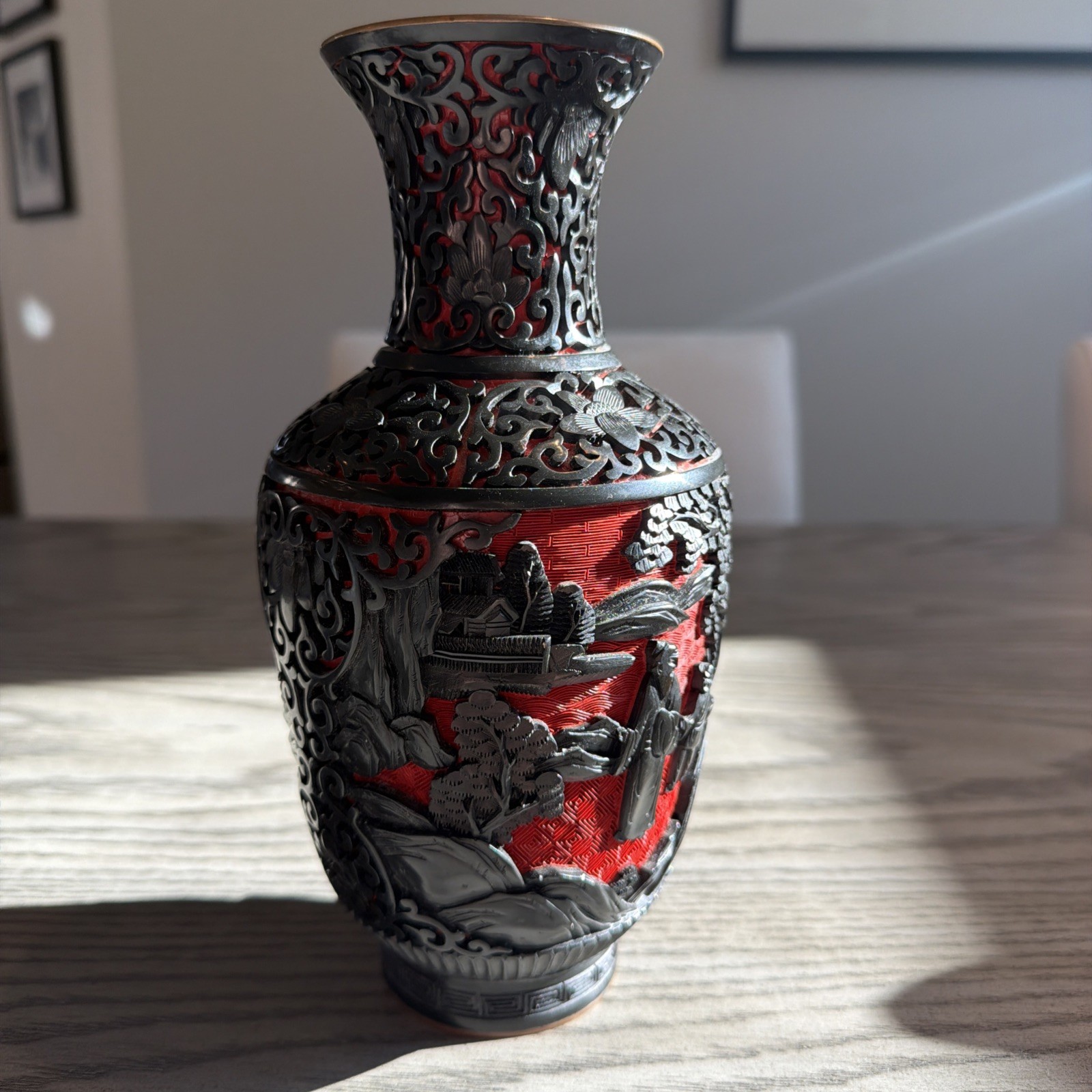 Vintage Chinese Black on Red Cinnebar carved Vase, Blue inside Enamel