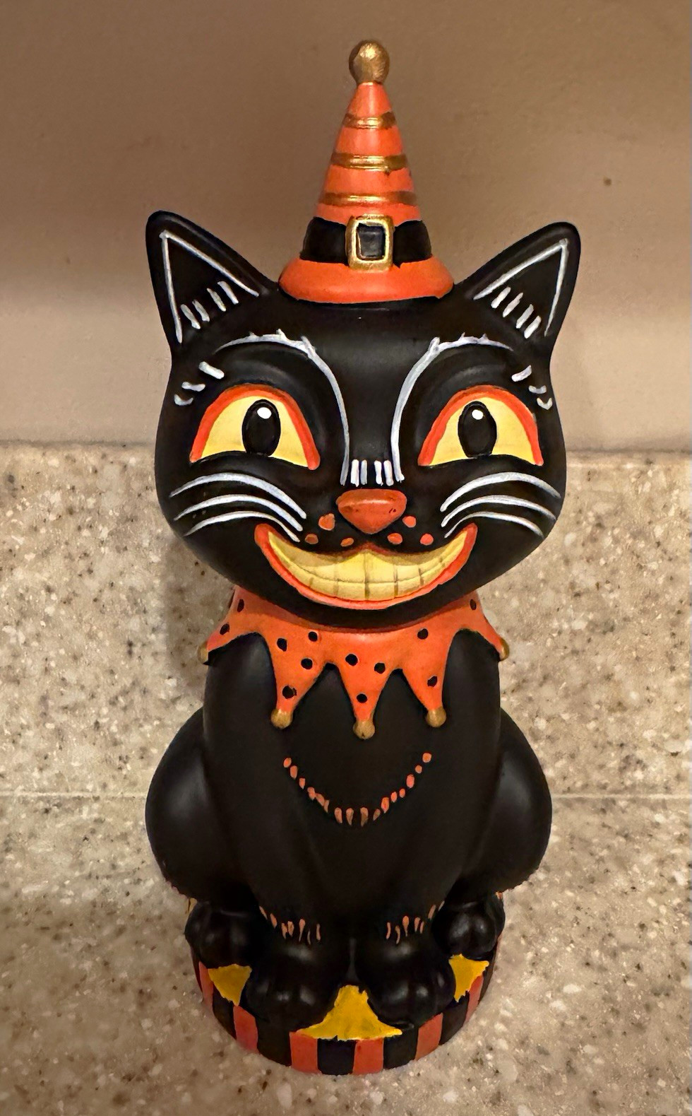 Festive Voice Vintage Halloween Black Cat Figurine 8 in Painted Resin Orange Hat