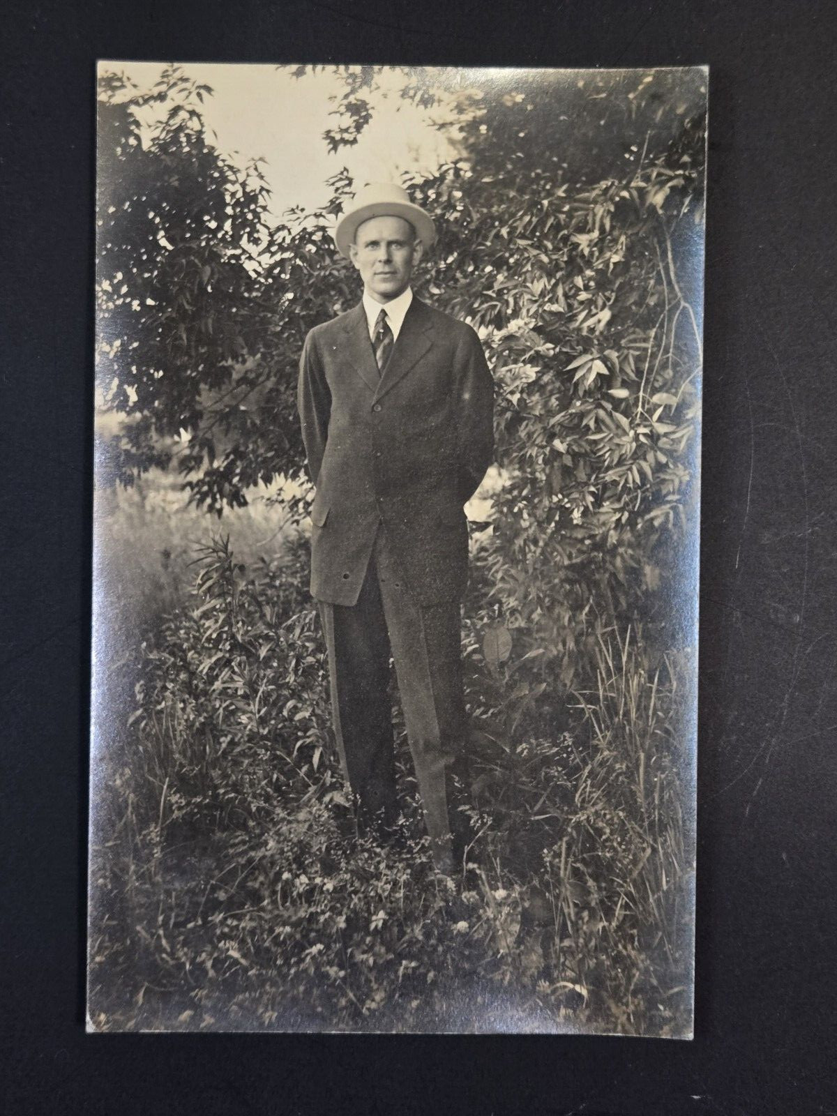 Vintage 1904-1920\'s Cyko Man Posing in Suit & Hat B&W RPPC Postcard
