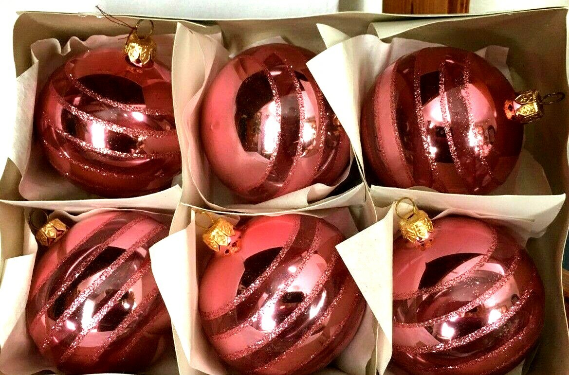 VINTAGE-NEW Art-Pol Box of 6 Rose Striped Ball Glass Christmas Ornaments Poland
