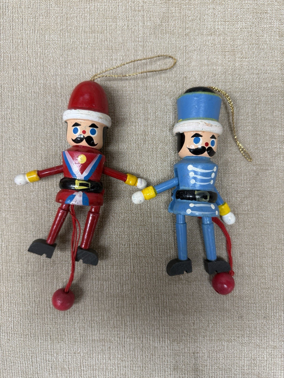 Vtg Set 2 Pull String Puppets Wood Christmas Ornaments Jumping Jack Pre-Owned