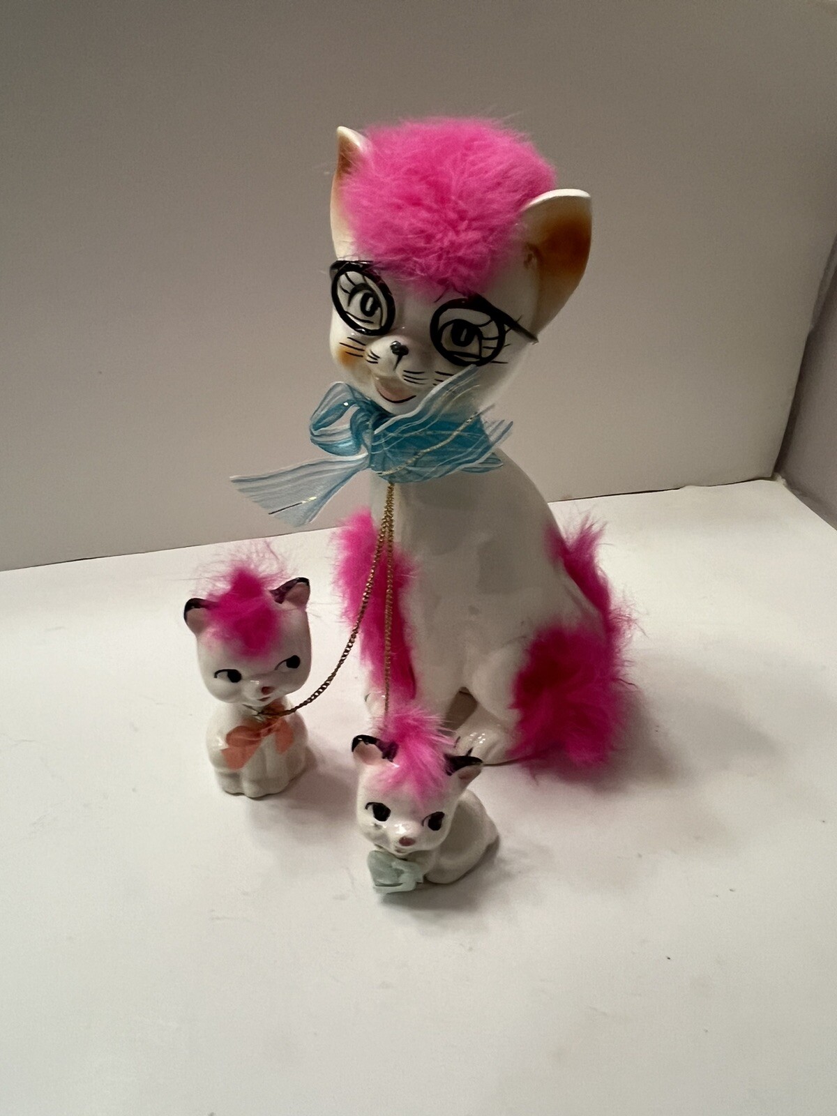 Ceramic Mother Cat Kitten On Chain Fur Vtg  1950s Japan Anthropomorphic 8” Retro